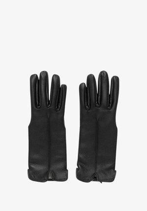 Guantes de cuero negro con cinco compartimentos individuales para los dedos, textura lisa y diseño de puño recto sin adornos visibles.