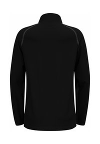 Schwarzer Pullover mit langen Ärmeln und hohem Kragen, mit reflektierenden Nähten entlang der Nähte und einem glatten, strukturierten Stoff.