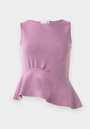 Ermeløs mauve topp med asymmetrisk peplumkant og rund halslinning, laget av myk stretchstoff.