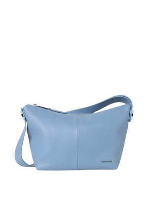 Világoskék, kerekített textúrájú bőrválltáska cipzáras záródással, egyetlen pánttal és elől kis fém logóval.