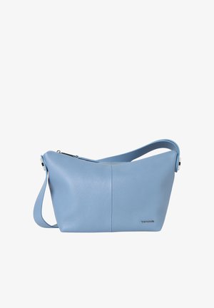 Sac à bandoulière en cuir bleu clair avec texture grainée et fermeture éclair, doté d'une sangle unique et d'un petit logo en métal sur le devant.