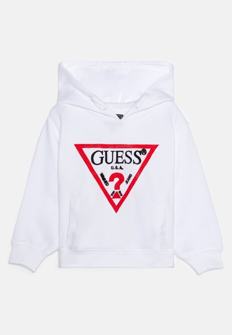 Sweatshirt à capuche blanc avec un logo en triangle rouge et des lettres et accents noirs. Comprend une poche frontale et des poignets côtelés.