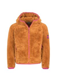 Orange fleece jacket with a hood, pink zipper, and cuffs. Features include side pockets and a logo on the left sleeve. Soft, textured fabric.