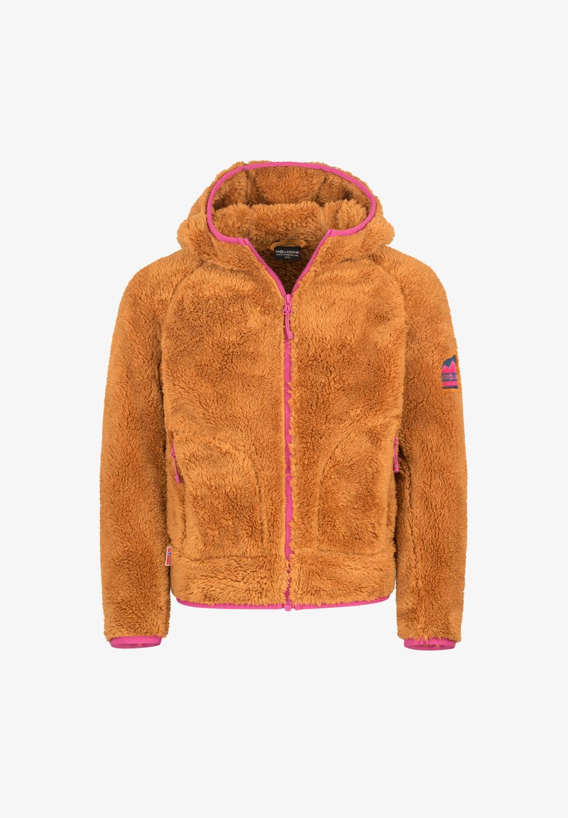 Colete de polar laranja com capuz, fecho éclair rosa e punhos. Inclui bolsos laterais e um logotipo na manga esquerda. Tecido suave e texturizado.