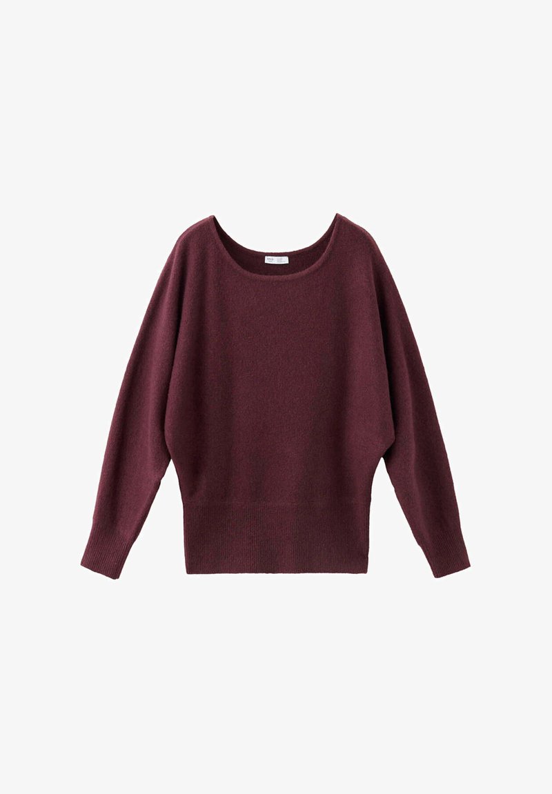 Pull femme à manches longues, coupe ample, de couleur bordeaux foncé, avec encolure arrondie et poignets et ourlet côtelés.