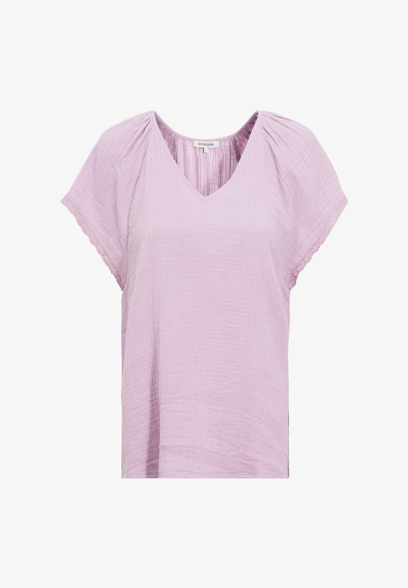 Blouse courte en coton violet clair à manches courtes, avec col en V et plis subtils sur les épaules, ornée d'une délicate bordure en dentelle sur les bords des manches.