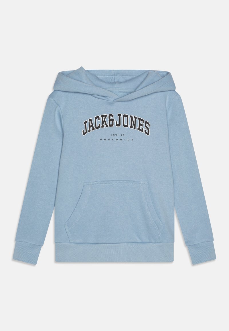 Lyseblå hettegenser laget av bomullsblanding, med kengurulomme, ribbede mansjetter og nederkant, samt "JACK&JONES" trykket i mørk skrift.
