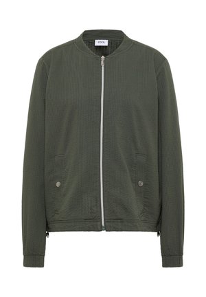 Dark green lightweight bomber jacket with front zipper, two front pockets with snap buttons, and ribbed collar and cuffs.