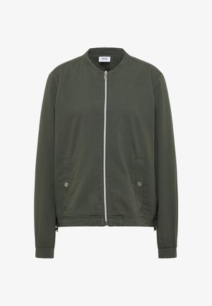 Lekka bomberka w ciemnozielonym kolorze, z przednim zamkiem błyskawicznym, dwoma przednimi kieszeniami zapinanymi na zatrzaski oraz z prążkowanym kołnierzem i mankietami.