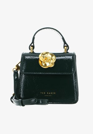 Sac à main en cuir verni vert avec un design structuré, accent de fleur en or, poignée supérieure et bandoulière amovible. Présente un logo en or.