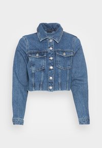 Krótka kurtka dżinsowa w kolorze niebieskim, z kołnierzem, srebrnymi guzikami i dwoma kieszeniami na piersiach. Gładka tekstura o klasycznym designie.