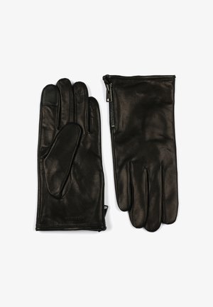 Gants en cuir noir avec une finition texturée, dotés d'une fermeture éclair et d'un design à cinq doigts. Doublure intérieure lisse pour plus de confort.