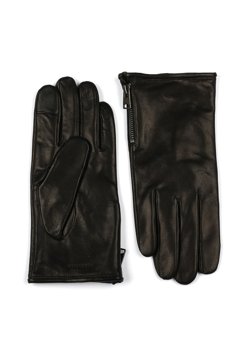 Guanti in pelle nera con finitura texturizzata, dotati di chiusura con zip e design a cinque dita. Fodera interna liscia per il comfort.