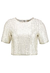 Korta ärmar avkortad topp i elfenben med vertikala paljettstrimmor, rund halsringning och en slät textur. Inga synliga knäppningar eller mönster.