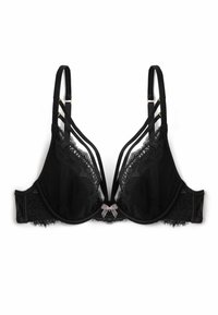 Czarny biustonosz z koronką, charakteryzujący się przezroczystym wzornictwem, miękkimi miseczkami, regulowanymi cienkimi ramiączkami oraz ozdobną kokardą na środku. Uwydatniony złożonymi koronkowymi krawędziami.