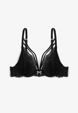 Zwarte kanten beha met een doorschijnend ontwerp, zachte cups, verstelbare dunne bandjes en een decoratieve strik in het midden. Verfraaid met ingewikkelde kanten randen.
