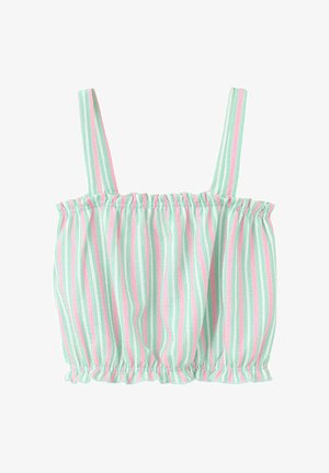 Haut court sans manches avec bords froncés élastiques et rayures verticales en vert pastel, rose et blanc.