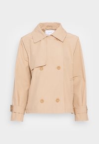 Beige double-breasted trench coat with a collar, prominent buttons, long sleeves, and a smooth texture. Features side pockets and a tailored fit.
