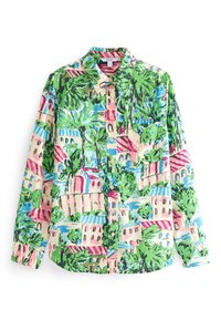 Chemise à manches longues avec un motif de palmiers verts et de bâtiments pastel rose, bleu et beige sur un fond clair.