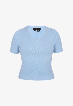 Heledsinine lühikeste varrukate ja kudumisega topp ribitekstuuriga, millel on ümmargune kaelus ja õrn kaabelmustrist detail keskel.