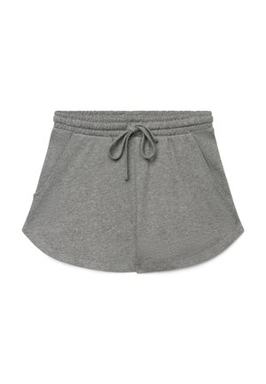 Shorts décontractés gris en mélange de coton avec taille élastique, cordon de serrage à l'avant et poches latérales, présentés sur fond blanc.
