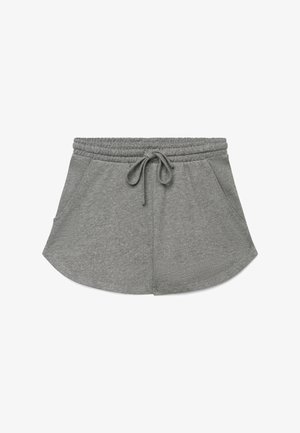 Graue Freizeithose aus Baumwollmischung mit elastischem Bund, vorderem Kordelzug und seitlichen Taschen, auf weißem Hintergrund dargestellt.