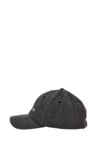 Gray cap made of textured fabric, featuring a curved brim, adjustable strap, six-panel design, and embroidered logo on the front.