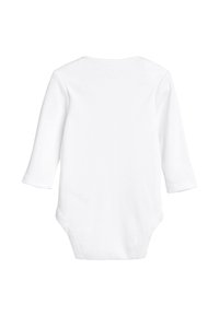 Vit långärmad babybodysuit tillverkad av mjuk bomull. Har en klassisk rund halsringning och tryckknappar i botten för enkel påklädning.