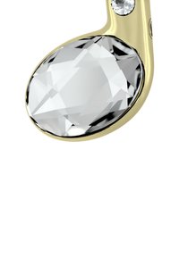 Pendiente en tono dorado con un gran cristal transparente facetado que presenta una forma redondeada y superficie suave, acentuado por una piedra clara más pequeña.