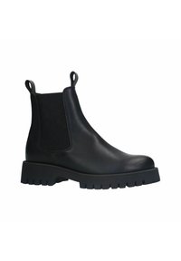 Bottines Chelsea en cuir noir avec des panneaux élastiques sur les côtés, des tirettes et une semelle en caoutchouc épaisse dotée de profondes rainures pour une meilleure traction.