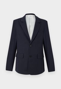 Blazer navy in tessuto intrecciato, con rever a punta, due tasche frontali, chiusura a un bottone e interno foderato a righe.