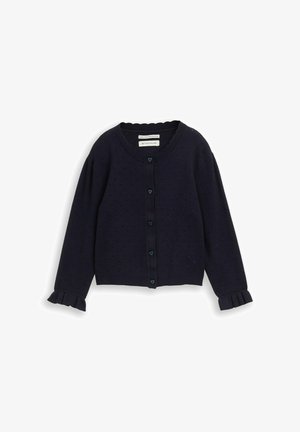 Dunkel marineblaue Strickjacke mit kleinem Lochmuster, herzförmigen Knöpfen, rundem Ausschnitt und gerüschten Bündchen an den langen Ärmeln.