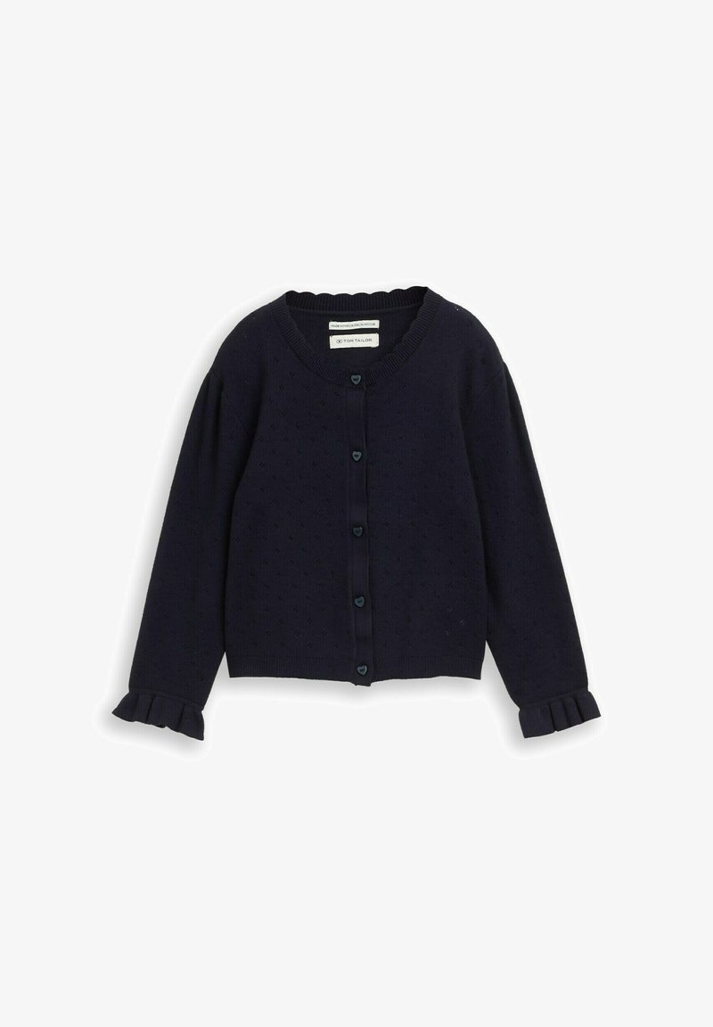 Tume sinine kootud kardigan väikese silmuskirjaga, südamekujuliste nuppudega, ümara kaelusega ja friisidega pikki varrukaid.