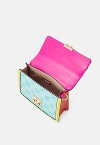 Colorful handbag with a blue patterned front, pink interior, yellow and red accents, and a gold clasp. Designed with a structured shape and smooth texture.