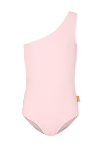 Eén-schouder badpak in lichtroze geribbelde stof. Beschikt over een zachte textuur met een klein oranje logo-etiket aan de zijkant.