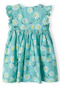 Helles türkises Kleid mit einem Gänseblümchenmuster. Rüschenshärmel und ein elastischer Bund sorgen für eine fließende Silhouette.