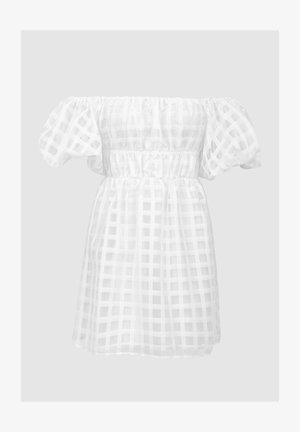 White off-the-shoulder dress made of sheer, check-patterned fabric. Features puff sleeves and an elastic waistband for a fitted silhouette.