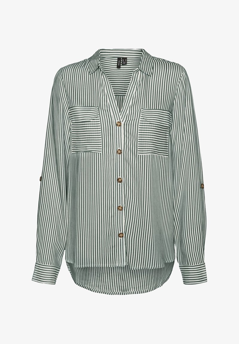 Chemise à manches longues boutonnée avec des rayures verticales vertes et blanches, poches poitrine et un ourlet légèrement arrondi.