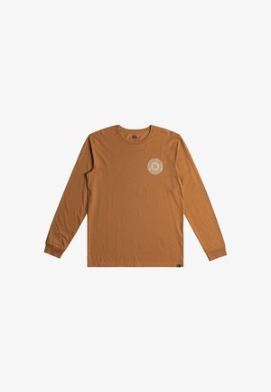 Long-sleeve shirt in brown cotton, featuring a round neckline and a circular graphic design on the left chest area.