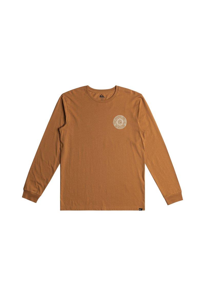 Long-sleeve shirt in brown cotton, featuring a round neckline and a circular graphic design on the left chest area.