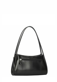 Sac à main en cuir noir à la forme arrondie et à une seule bandoulière, avec une poche zippée à l'avant et une texture lisse.