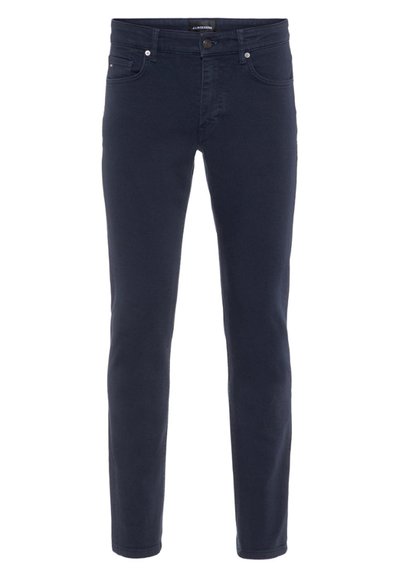 Blugi slim-fit de culoare albastru marin, dintr-un amestec de bumbac, având cinci buzunare, bucle pentru curea și închidere cu nasture metalic. Textură netedă cu ușoară elasticitate.