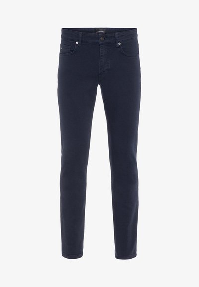 Navy blue slim-fit farkut, jotka on valmistettu puuvillasekoitteesta, viidellä taskulla, vyölenkeillä ja metallinappisulkimella. Tasainen pinta, jossa on hieman venyvyyttä.