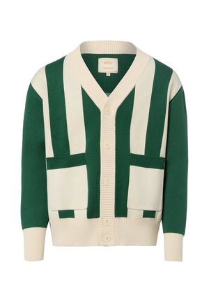 Cardigan en maille vert et crème boutonné avec des rayures verticales, deux poches avant et des poignets et un ourlet côtelés.