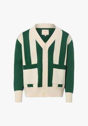 Cardigan en maille vert et crème boutonné avec des rayures verticales, deux poches avant et des poignets et un ourlet côtelés.