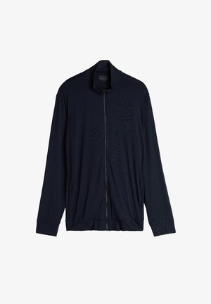 Giacca zip-up blu navy realizzata in morbido tessuto modal, con colletto alto, maniche lunghe e polsini e orlo a costine. Tessuto liscio con una leggera lucentezza.