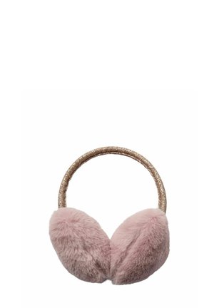 Cache-oreilles style bandeau avec des protections d’oreilles en fausse fourrure rose douce et une bande marron scintillante.