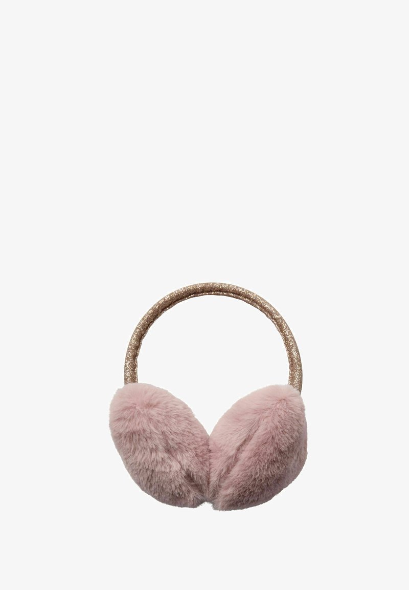 Cache-oreilles style bandeau avec des protections d’oreilles en fausse fourrure rose douce et une bande marron scintillante.