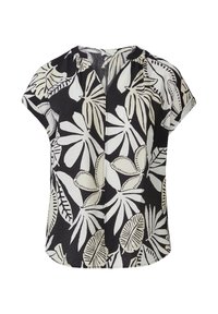 Kurzärmlige Bluse aus leichtem Stoff mit schwarzem Grund und großen weißen Blättermustern. V-Ausschnitt und lässiger Schnitt.