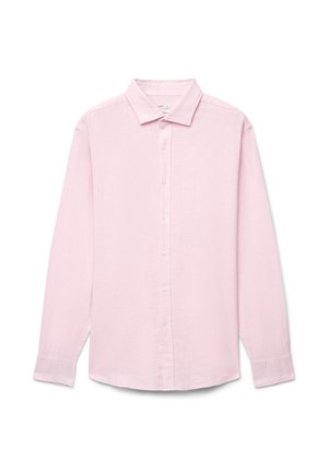 Camicia rosa chiaro a maniche lunghe con bottoni e colletto, mostrata distesa su uno sfondo bianco.